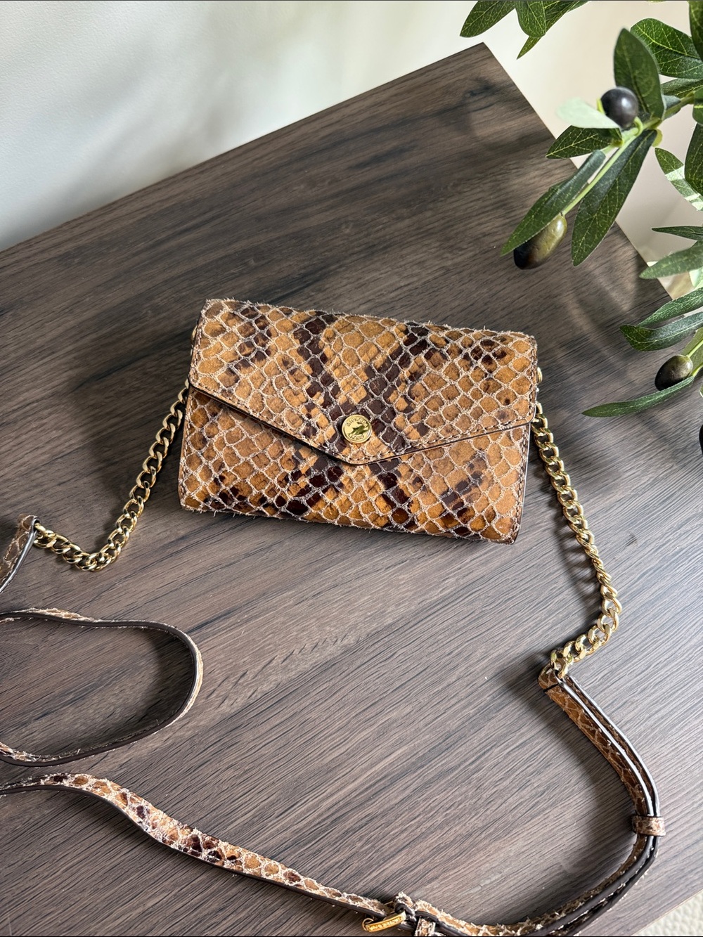 Michael Kors Tan Brown Snake-Print Crossbody Wallet with Gold Chain